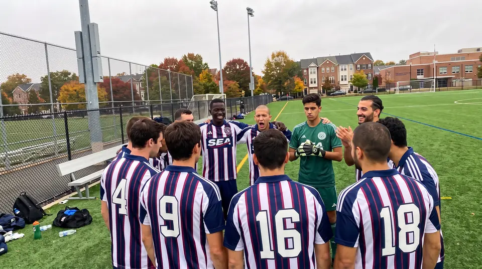 Team huddle: Ibrahim Diallo, Rafael Santos, Youssef Karim and Daniel Rossi