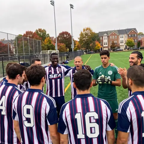 Team huddle: Ibrahim Diallo, Rafael Santos, Youssef Karim and Daniel Rossi